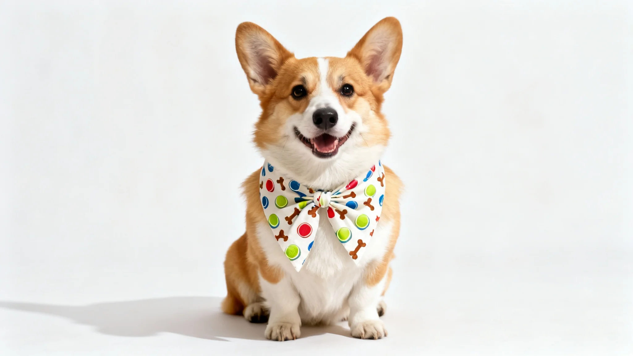 A happy Corgi sitting and facing forward, modeling a custom-designed dog bandana with a pattern of tennis balls and bones, against a solid white background.