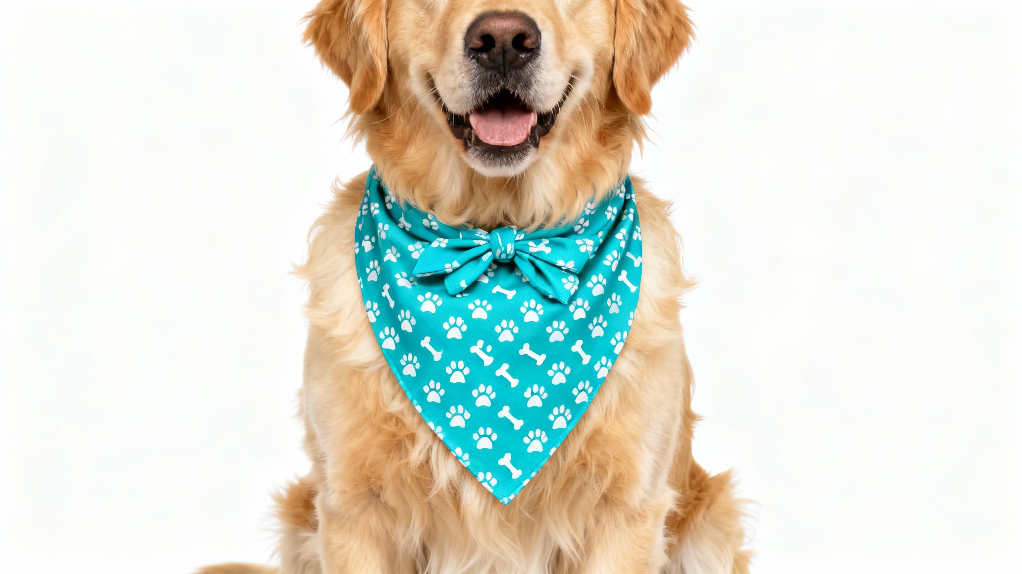 A happy golden retriever sits against a white background, wearing a bright turquoise bandana with a pattern of white paw prints and bones.