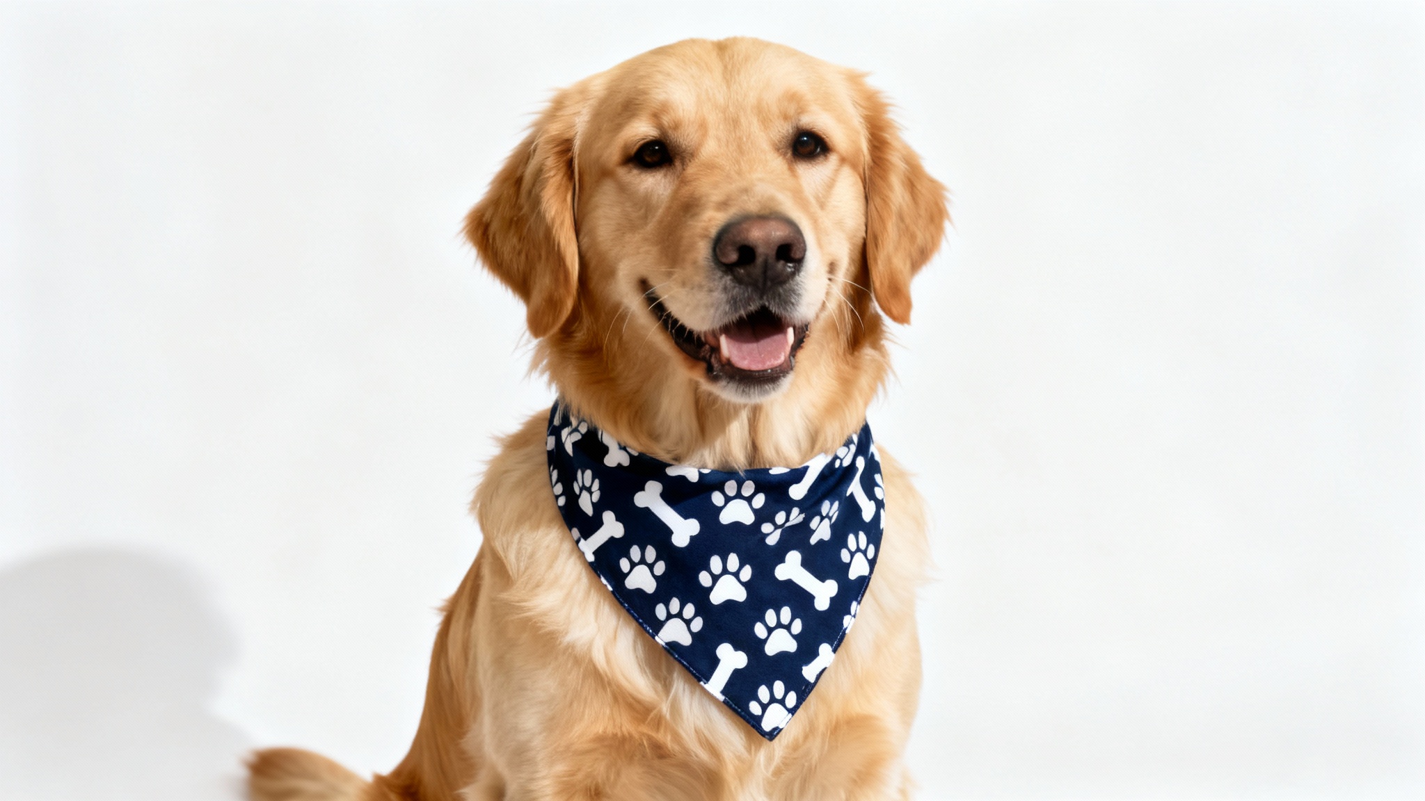 A happy golden retriever wearing a stylish blue and white dog bandana with a paw and bone pattern, photographed in a professional studio setting with a white background.