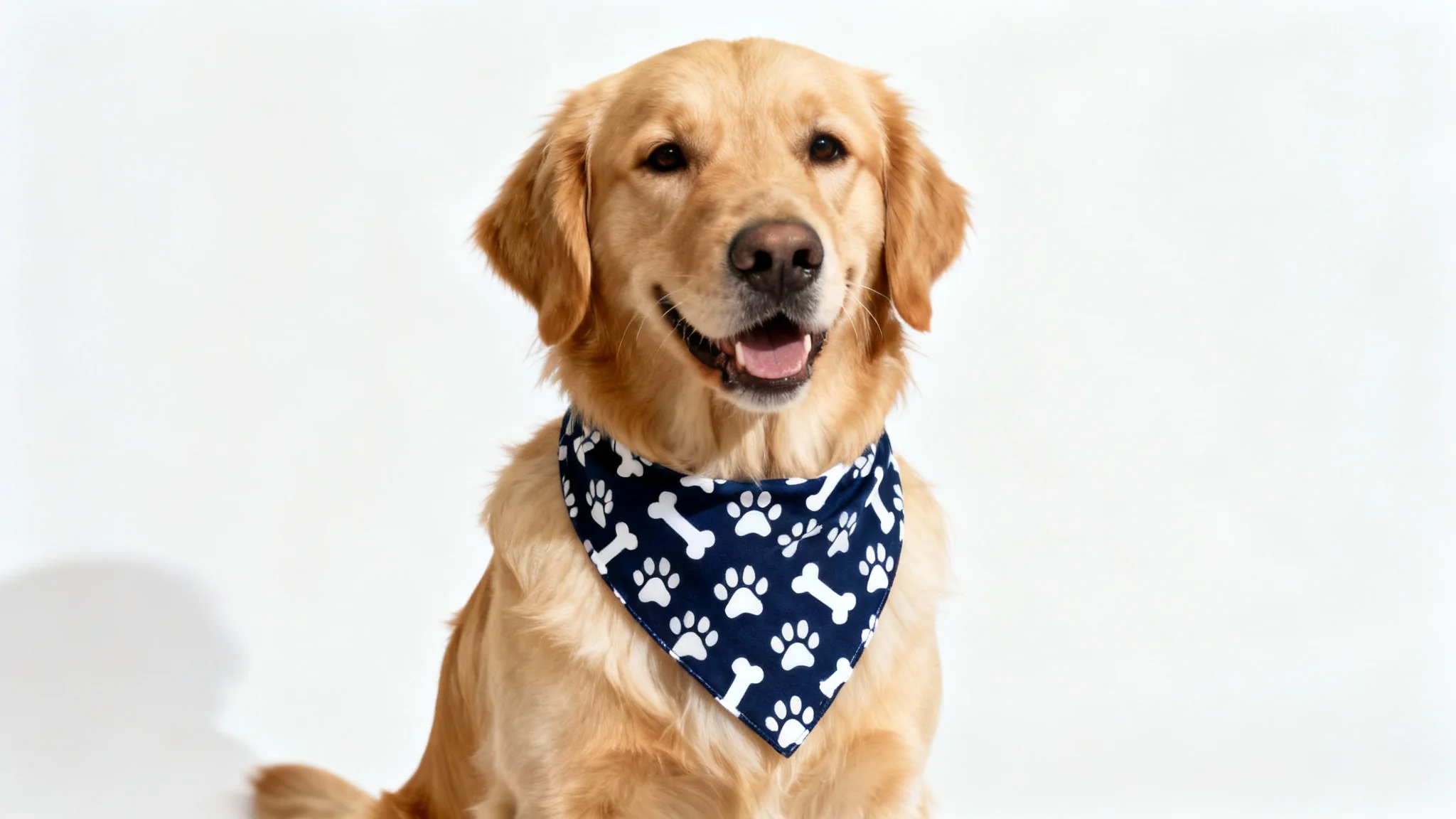 A happy golden retriever wearing a stylish blue and white dog bandana with a paw and bone pattern, photographed in a professional studio setting with a white background.