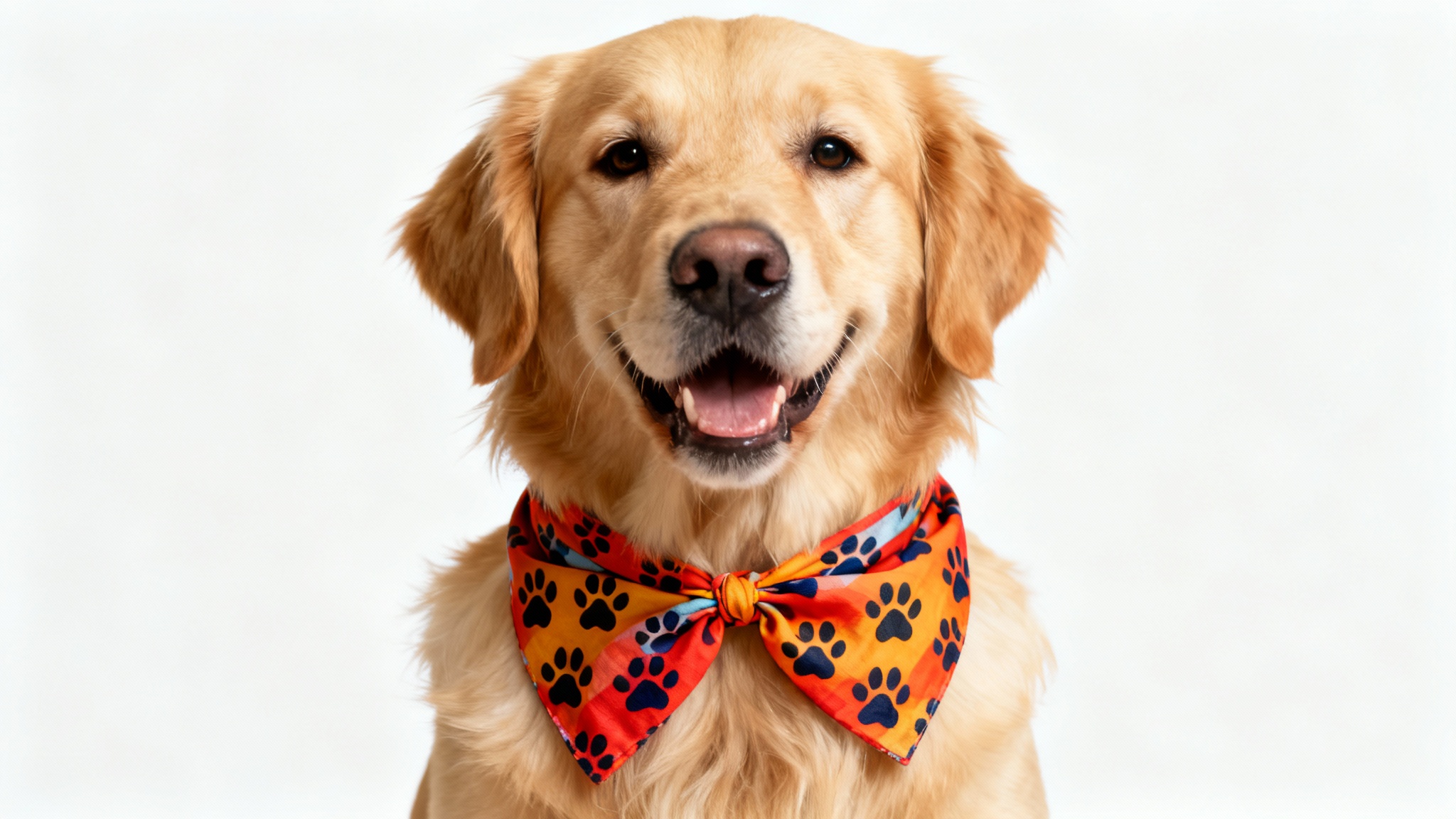A photorealistic mockup of a happy Golden Retriever wearing a patterned bandana, featured in a studio shot against a clean white background.
