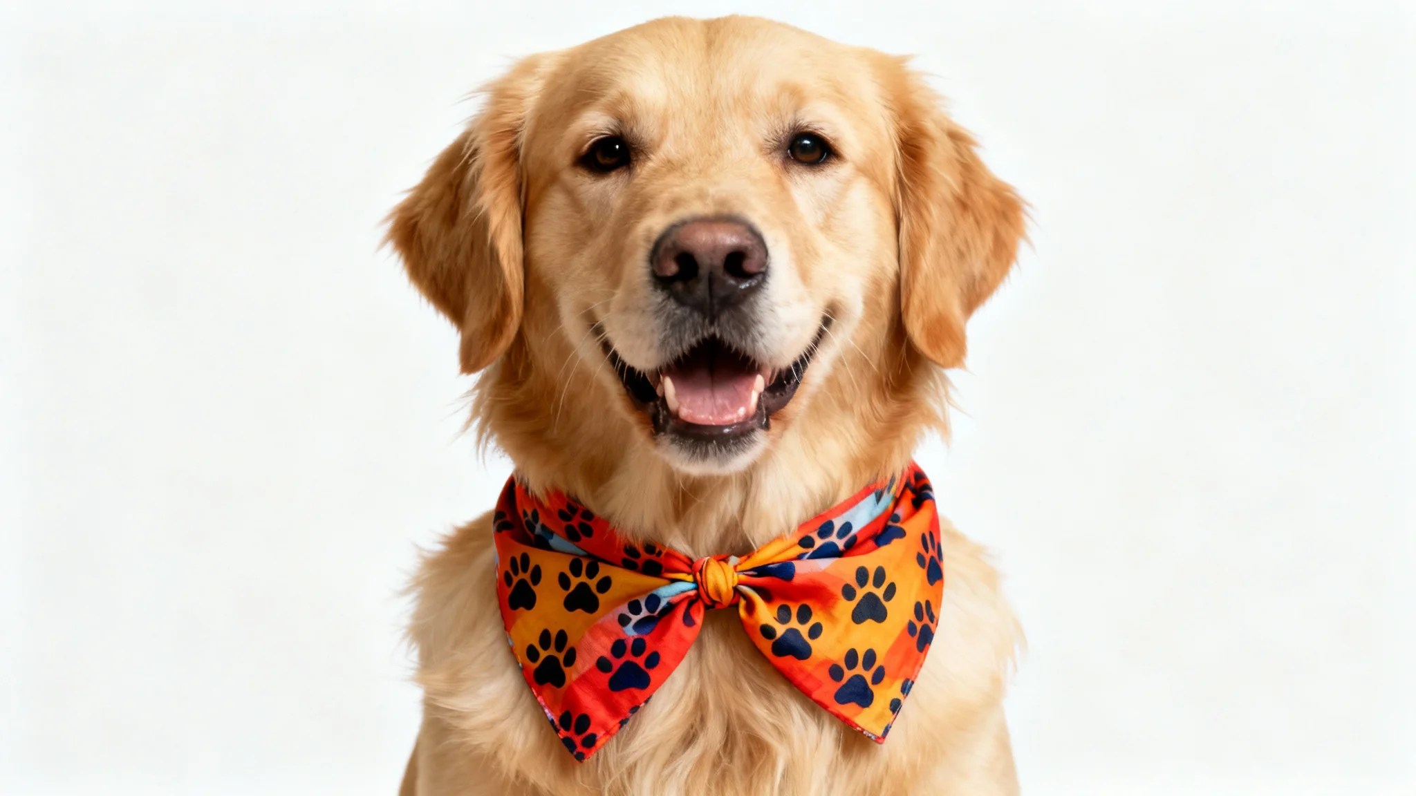 A photorealistic mockup of a happy Golden Retriever wearing a patterned bandana, featured in a studio shot against a clean white background.