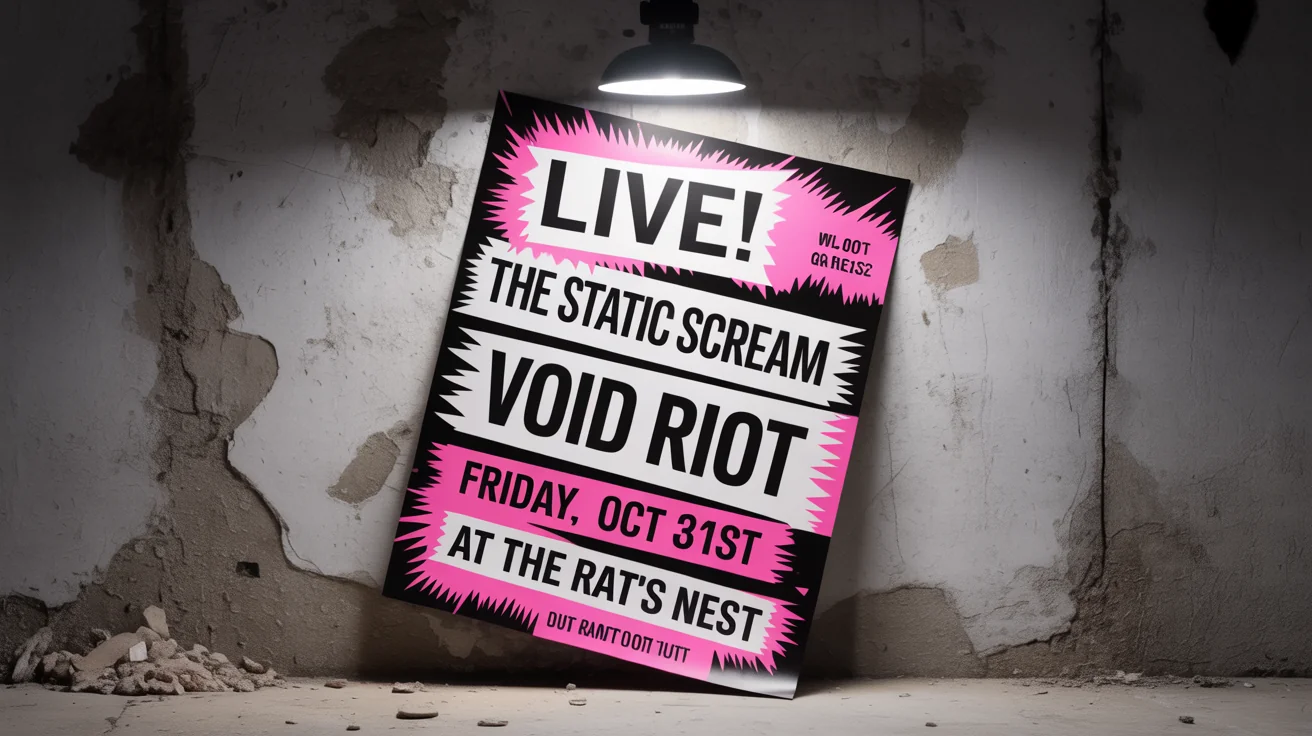 A finished punk rock show flyer with a chaotic, cut-and-paste design in black, white, and hot pink, advertising a concert for bands named 'The Static Scream' and 'Void Riot'.