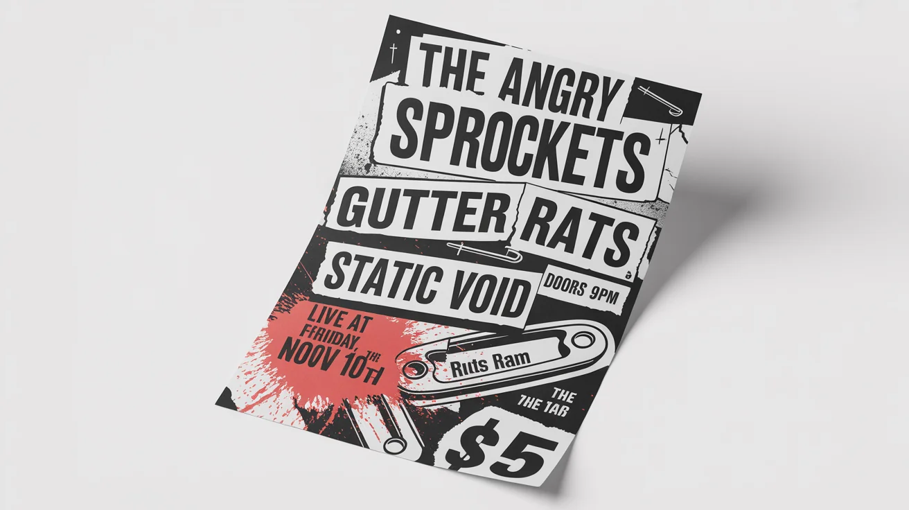 A mockup of a DIY punk rock concert flyer on a white background. The flyer is black and white with red accents, featuring collage-style text and punk imagery.