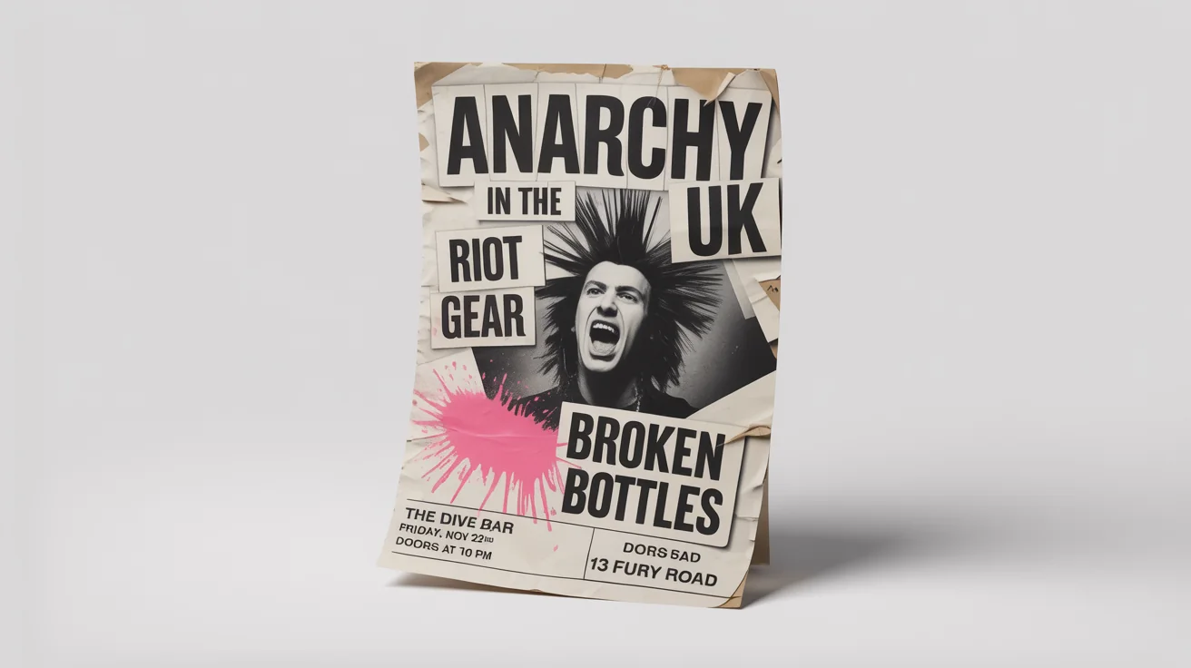 A mockup of a vintage punk rock flyer from the 1970s. The flyer is black and white with a splash of pink, has a DIY collage style with ransom-note text, and is set against a clean white background.