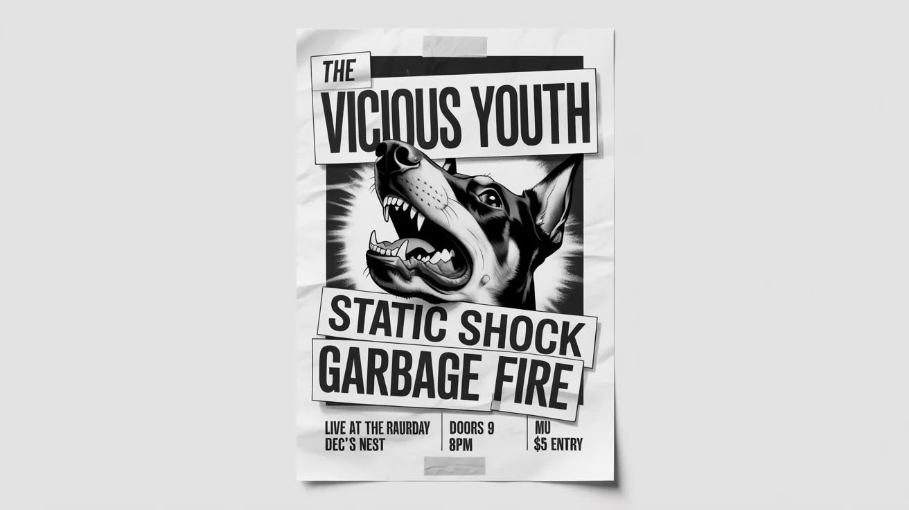 A DIY black-and-white punk rock concert flyer mockup with chaotic text and a picture of a snarling dog, set against a plain white background.