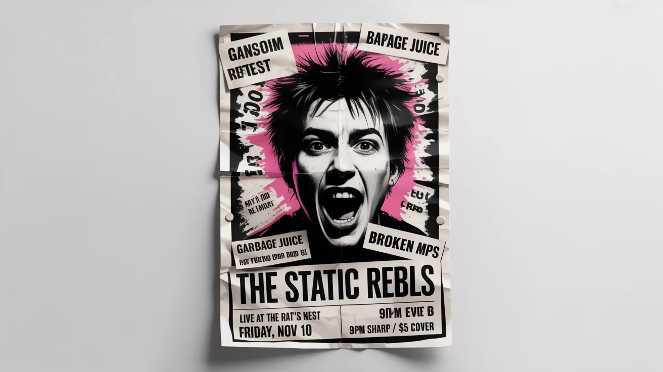A mockup of a DIY punk rock flyer for a fictional band called 'The Static Rebels'. The flyer has a black, white, and neon pink color scheme with a gritty, photocopied texture and is displayed on a white background.