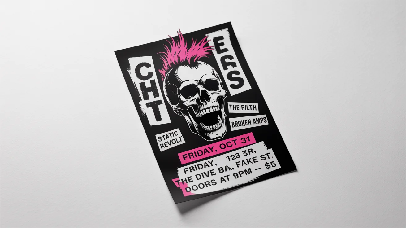 A DIY punk rock concert flyer mockup on a white background. It's black and white with pink accents, featuring a screaming skull and text for an event called 'Chaos Fest'.