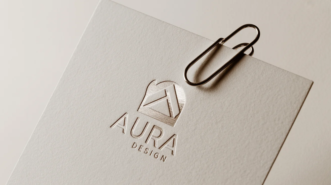 A close-up photorealistic mockup of a minimalist logo for 'AURA DESIGN' debossed in silver foil on a thick, textured white business card, set against a plain white background.