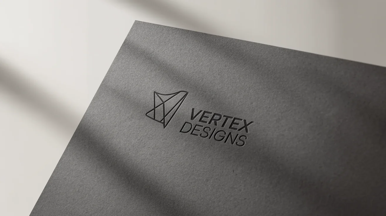 A photorealistic logo mockup showing a business card for 'Vertex Designs' on a white background. The logo, featuring a mountain peak icon, is embossed on the textured, dark gray card.