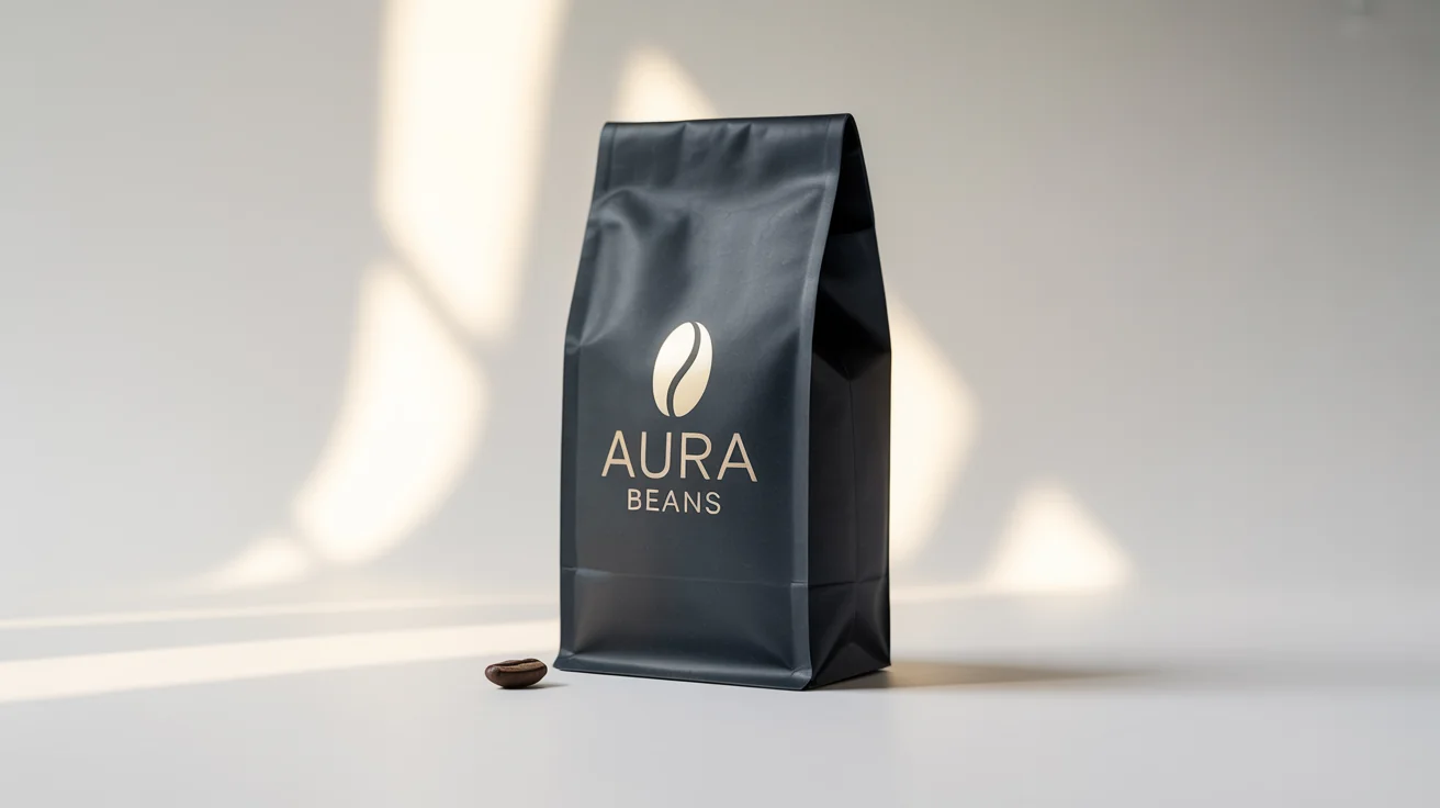 A professional mockup of a coffee bag for 'Aura Beans', featuring a gold foil embossed logo on a matte black bag, set against a clean white background.