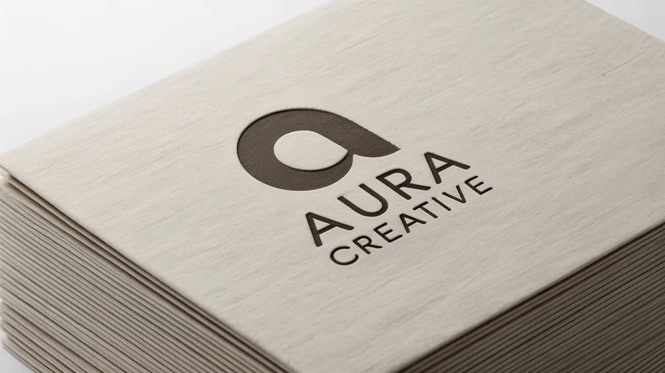 A close-up, photorealistic mockup of the logo for a fictional brand, 'AURA CREATIVE', debossed in charcoal grey onto thick, textured white paper against a plain white background.