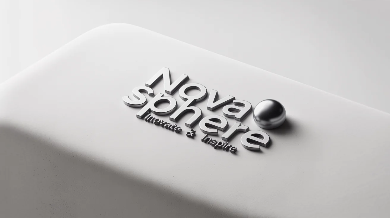 A photorealistic 3D mockup of the 'Nova Sphere' logo in a silver metallic finish, presented on a clean white background, showcasing a professional and modern brand identity.
