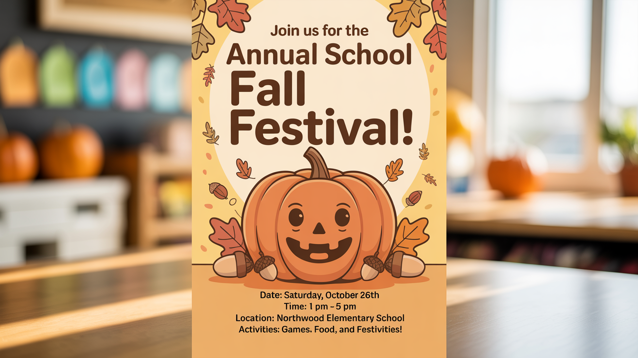 A professionally designed flyer for a school fall festival. It features a large pumpkin, autumn leaves, and text that reads 'Join Us for the Annual School Fall Festival!' with event details below.