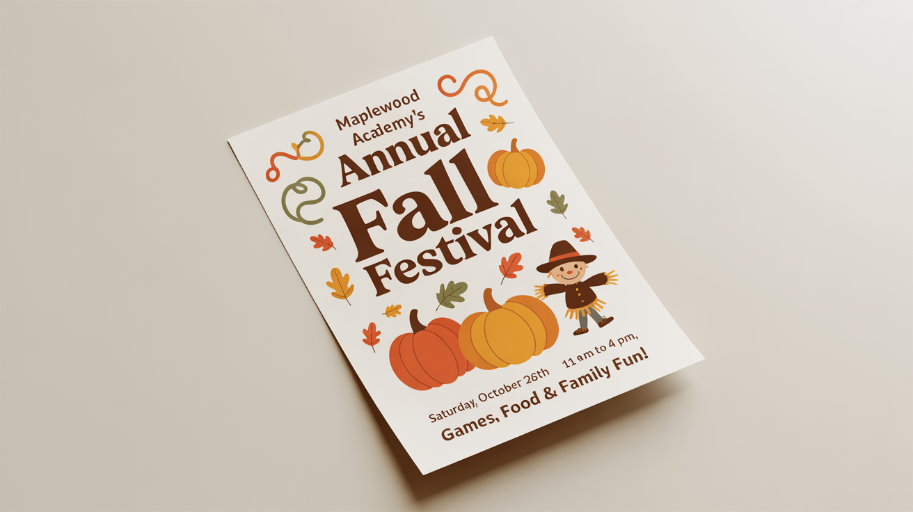 A professionally designed school fall festival flyer featuring illustrations of pumpkins and autumn leaves, with event details, displayed against a plain white background.
