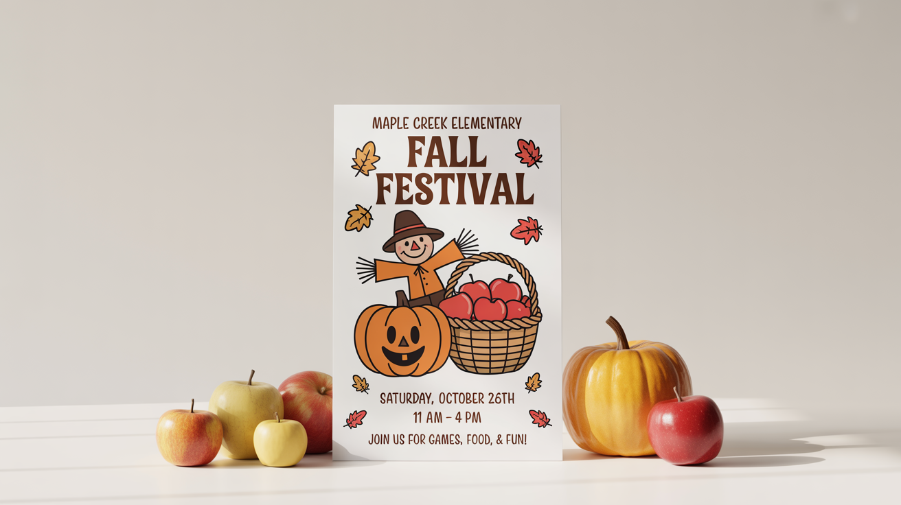 A colorful, illustrated flyer for the 'Maple Creek Elementary Fall Festival,' featuring a friendly scarecrow and a large pumpkin, with event details listed. The flyer is shown against a plain white background.