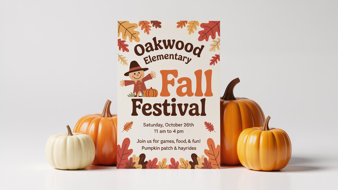 A mockup of a flyer for the 'Oakwood Elementary Fall Festival', showing event details and decorated with cheerful autumn illustrations like a scarecrow and pumpkins.