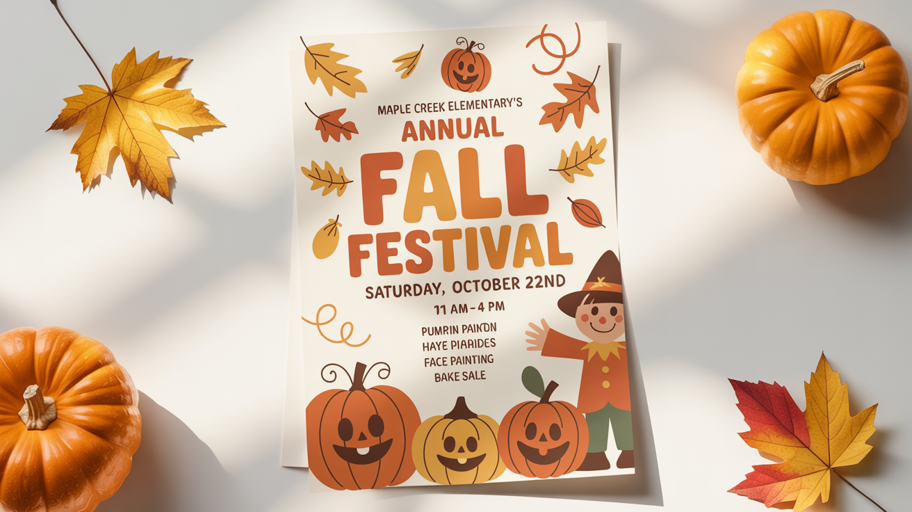 A professionally designed school fall festival flyer for 'Maple Creek Elementary's Annual Fall Festival', set against a plain white background. The flyer features autumn colors, pumpkins, and details about the event.