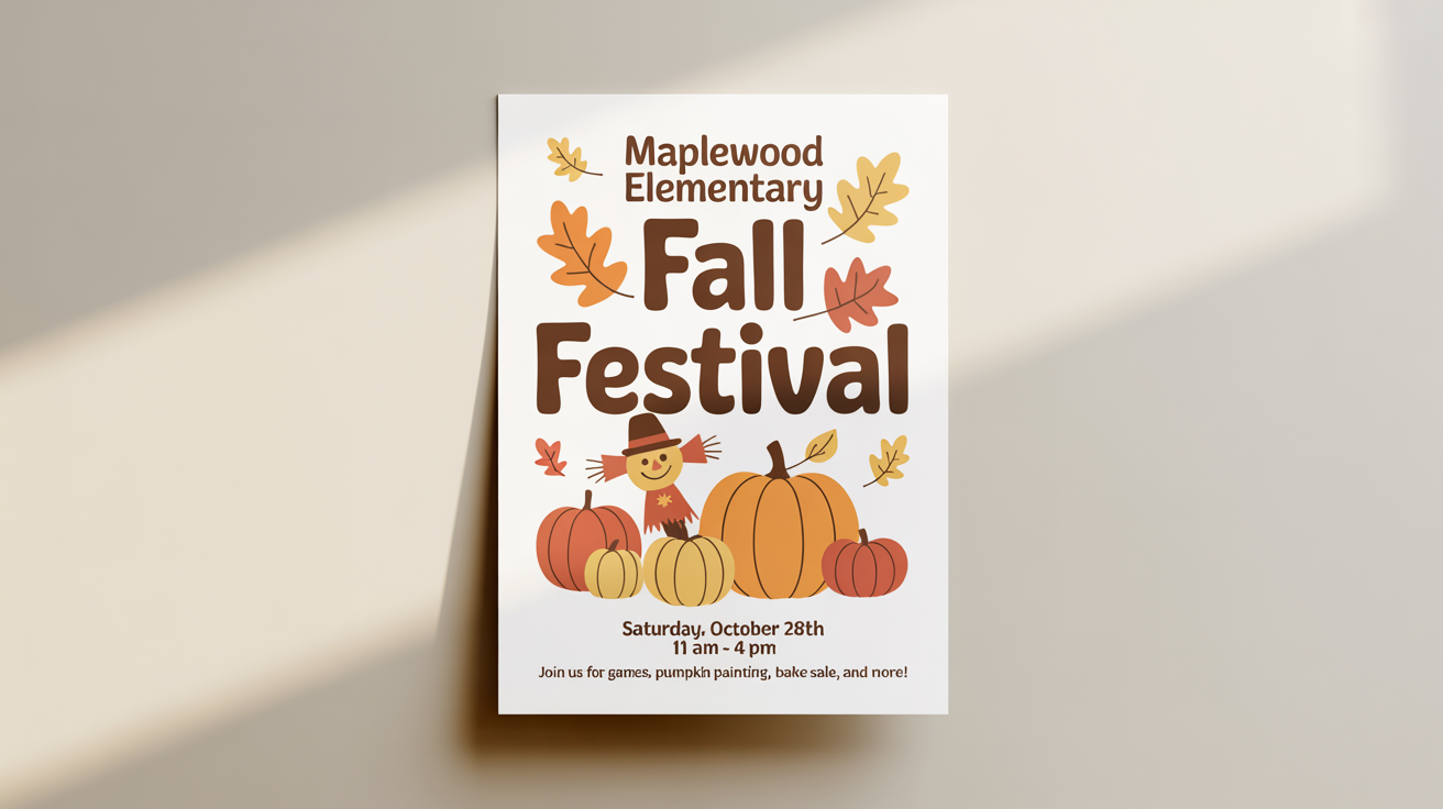 A mockup of a fun and colorful school fall festival flyer against a white background, featuring illustrations of a scarecrow and pumpkins, with legible text for event details.