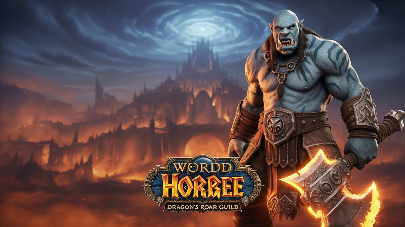 A professionally designed hero banner for the game World of Warcraft, featuring a powerful Orc warrior and the text 'FOR THE HORDE' in a dramatic, fiery setting.
