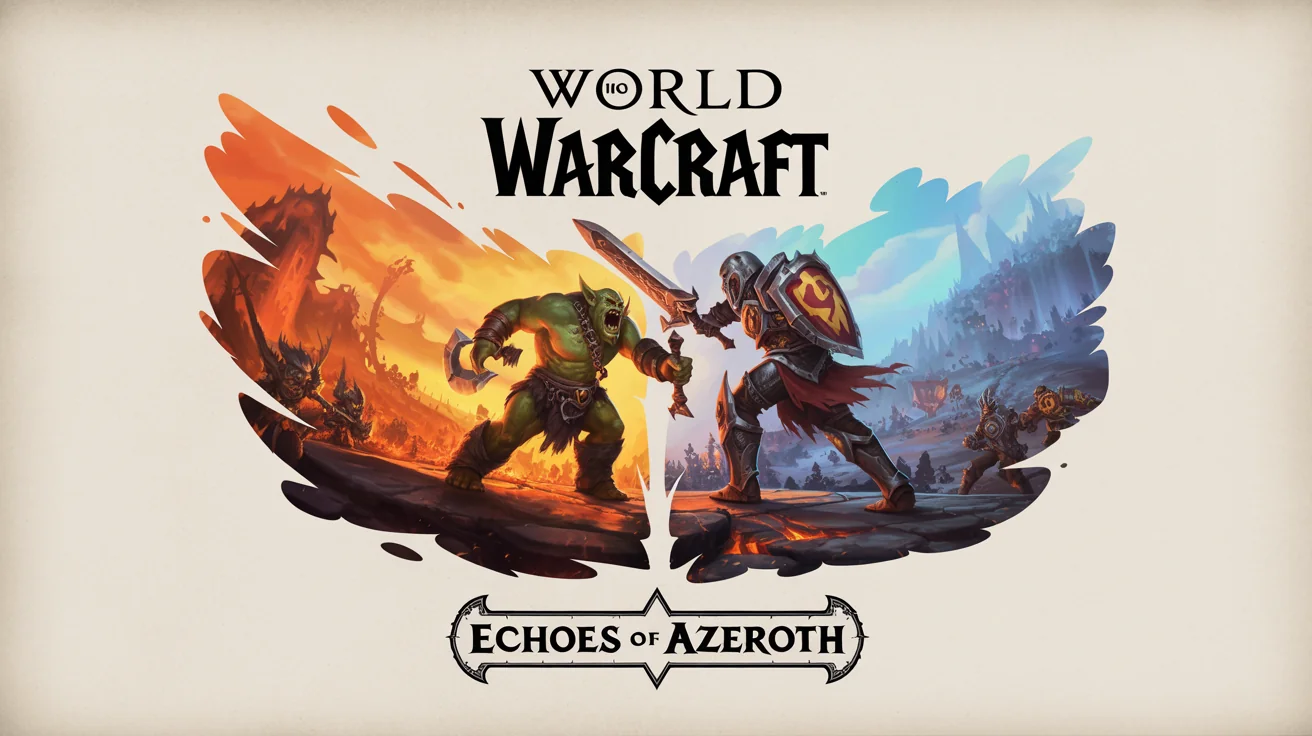 A fantasy banner for the game World of Warcraft, featuring a dramatic clash between an Orc warrior and a Human knight. The banner has the text 'World of Warcraft: Echoes of Azeroth' and is set against a white background.
