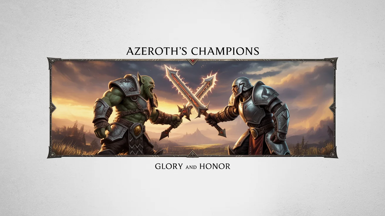 A mockup of a World of Warcraft banner on a white background, featuring an Orc and a Human in combat. The text 'Azeroth's Champions' and 'Glory and Honor' is visible.
