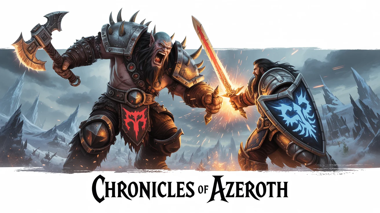 A World of Warcraft themed banner mockup showing a climactic battle between an Orc warrior and a Human paladin in front of Icecrown Citadel, with the text 'CHRONICLES OF AZEROTH' below.