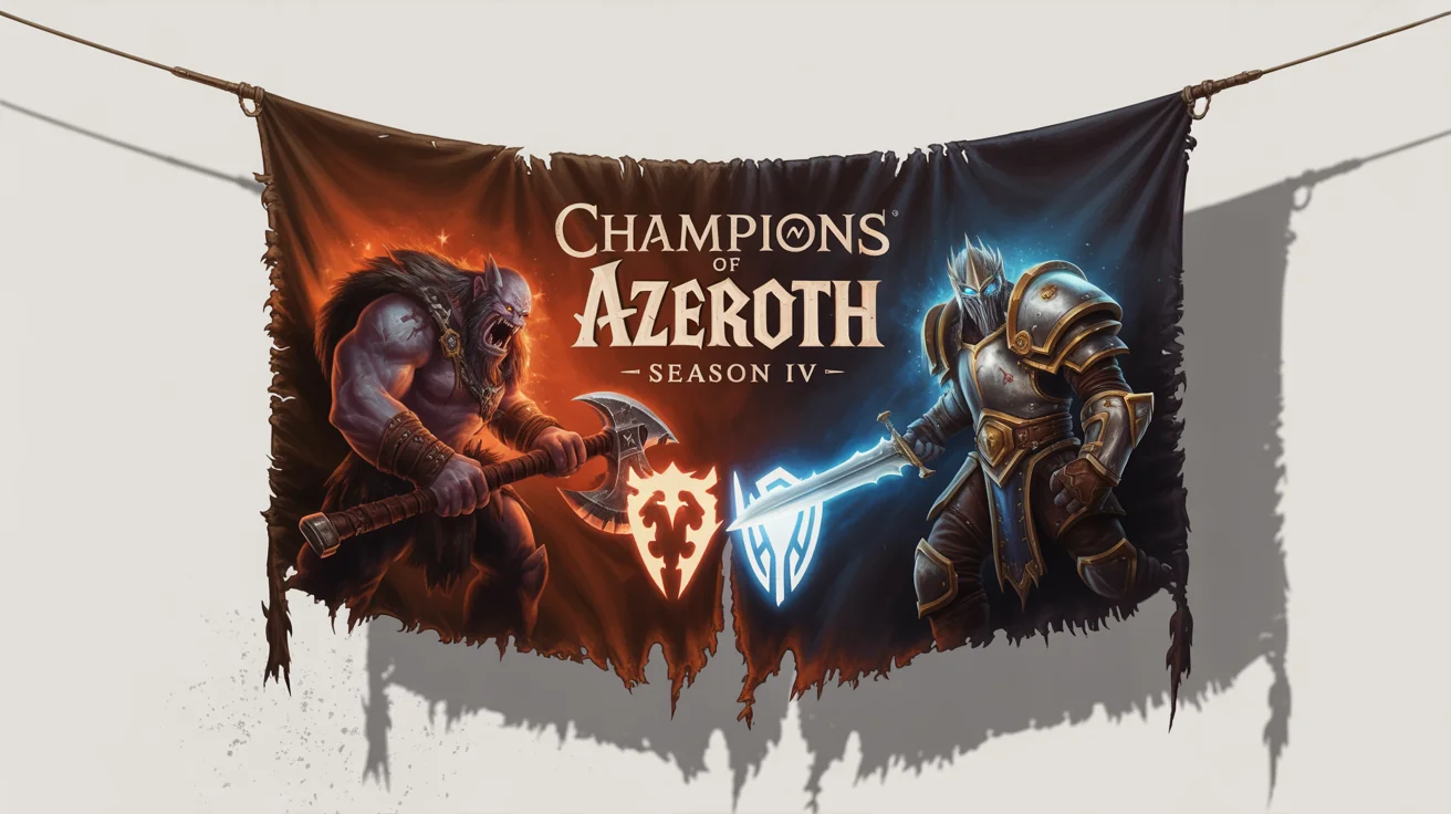 A fantasy banner for a 'Champions of Azeroth' tournament, designed in the style of World of Warcraft. It features an orc warrior and a human knight in a dramatic standoff against a white background.