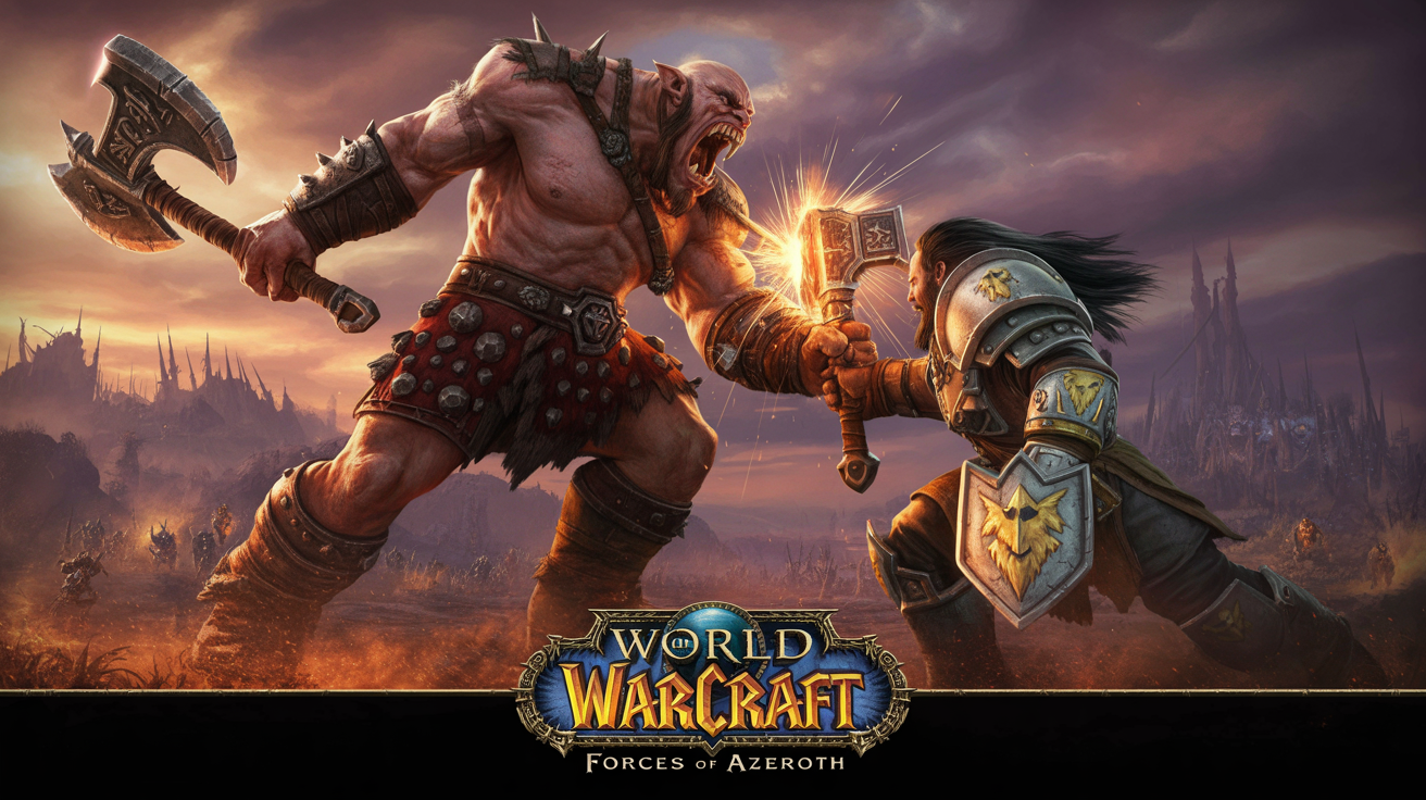An epic World of Warcraft banner depicting a fierce Orc warrior of the Horde clashing his axe against the hammer of a Human paladin from the Alliance on a battlefield, with text at the top reading 'WORLD OF WARCRAFT' and 'FORCES OF AZEROTH'.