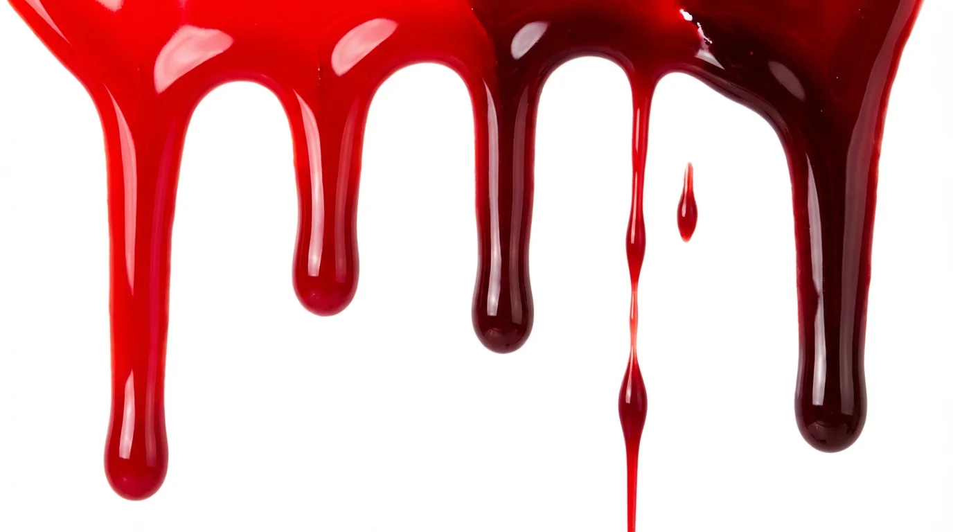 A close-up, realistic image of thick red blood dripping down a clean white surface, showcasing the texture and color.