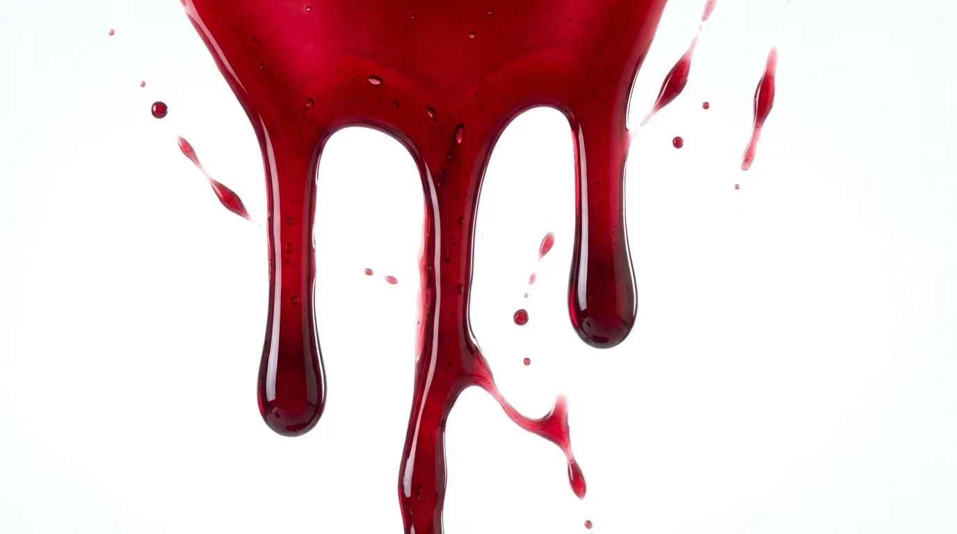 A close-up, photorealistic texture of deep red blood dripping down a stark white background, highlighting its glossy and viscous nature.