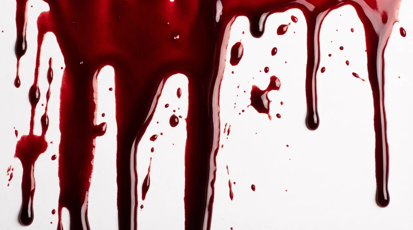 A detailed texture of realistic, wet blood dripping down a white surface, showing glossy red streaks and splatters.