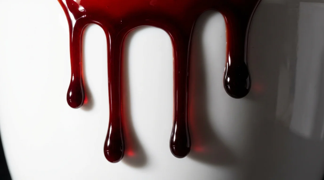 A hyper-realistic close-up of thick, red blood-like liquid dripping down a stark white background, creating a dramatic and textured effect.