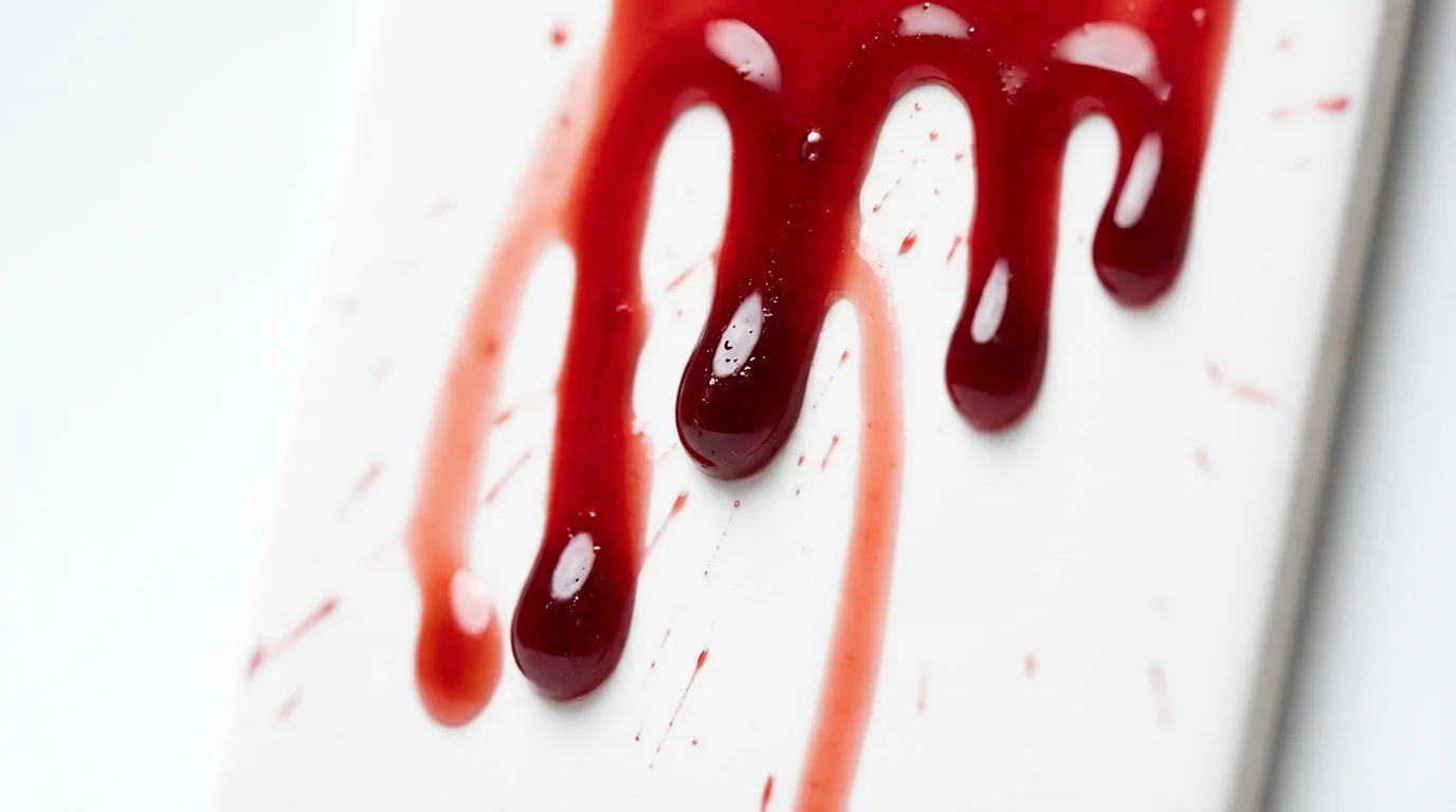 A close-up, hyper-realistic image of a blood drip texture, showing thick red liquid dripping down a clean white surface under studio lighting.
