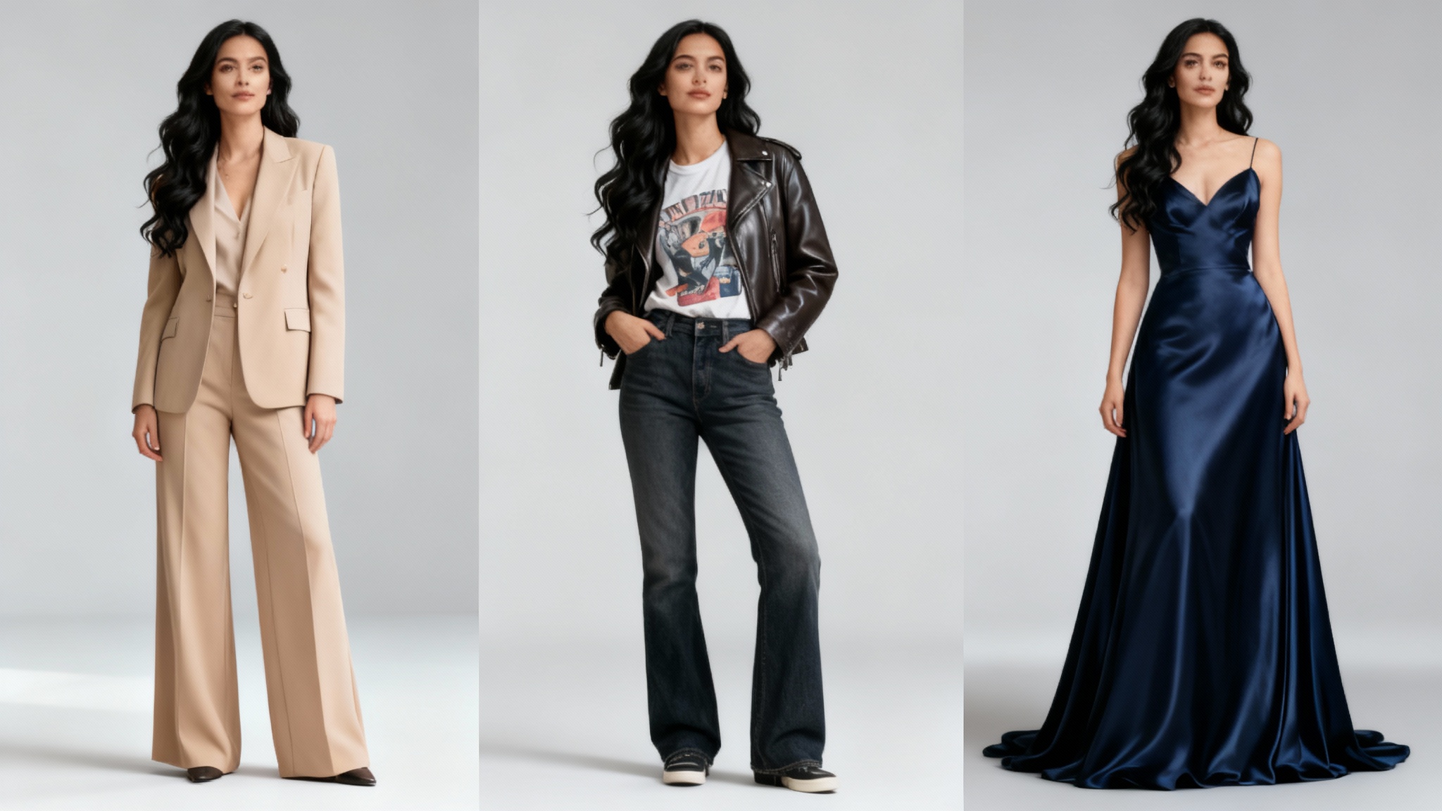 A three-panel image showcasing an outfit generator's results. The same woman is shown in three distinct, stylish outfits: a professional beige suit, a casual leather jacket and jeans, and an elegant navy evening gown.