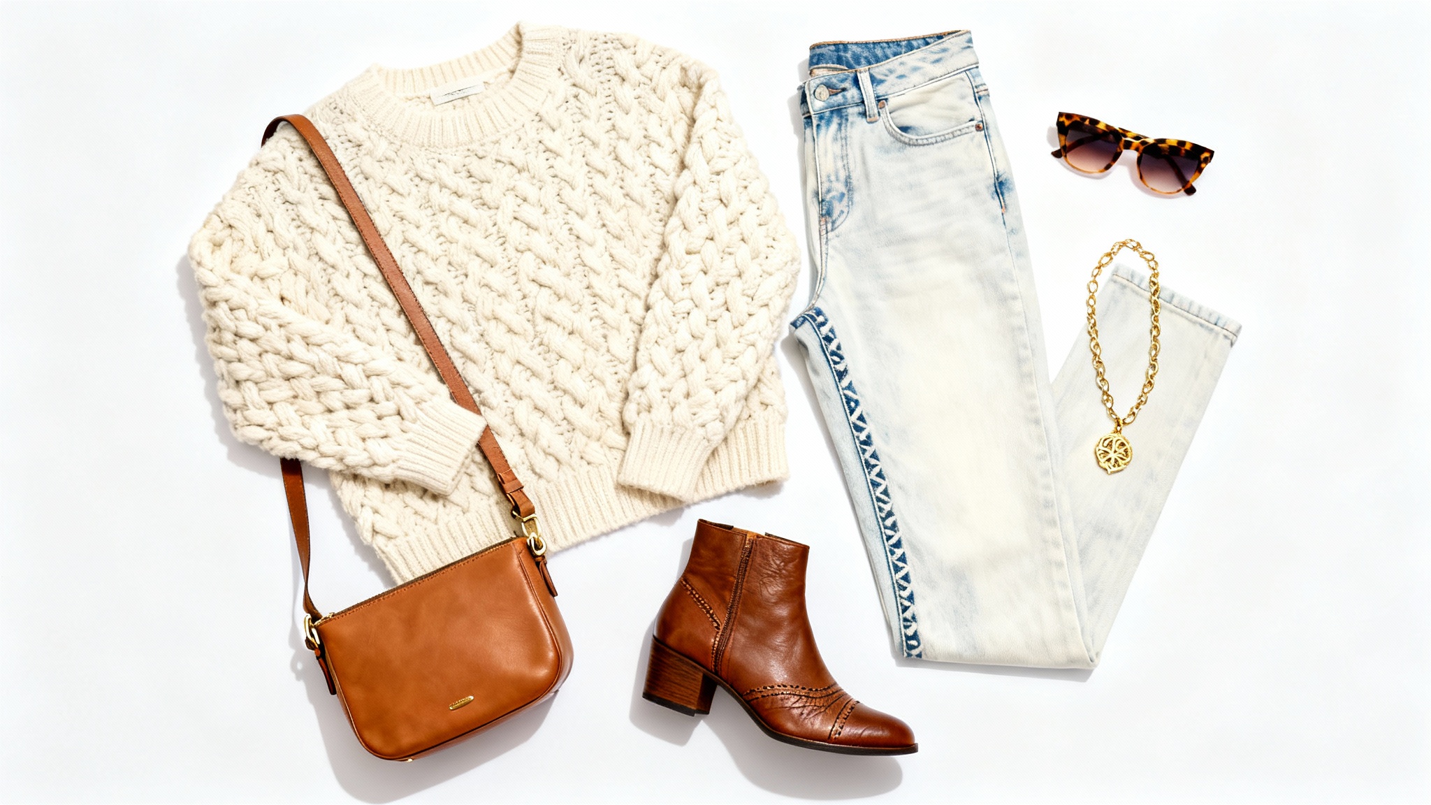 A stylish woman's outfit arranged in a flat lay on a white background, including a cream sweater, jeans, brown boots, and accessories.