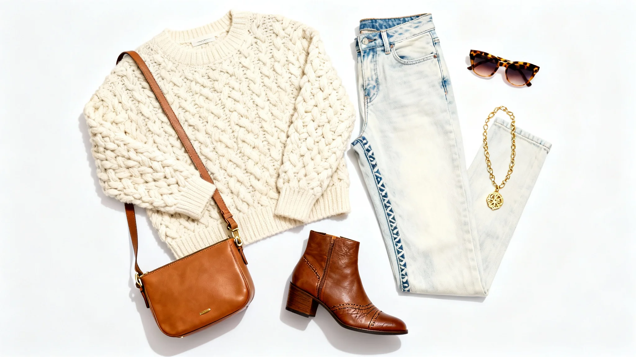 A stylish woman's outfit arranged in a flat lay on a white background, including a cream sweater, jeans, brown boots, and accessories.
