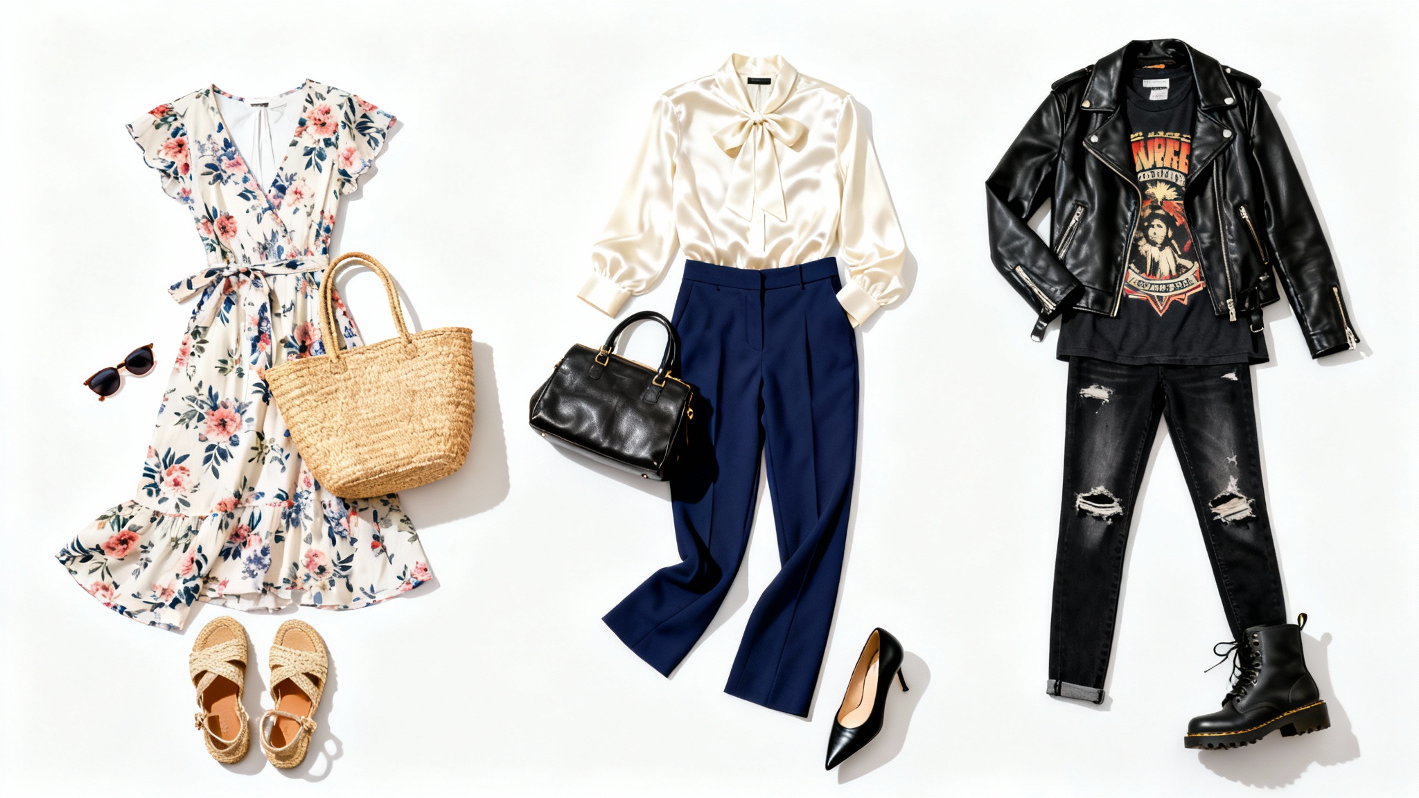 A flat lay photograph from above showing three distinct and complete women's outfits—a summer dress, a professional ensemble, and an edgy weekend look—neatly arranged on a white background, demonstrating variety from an outfit generator.