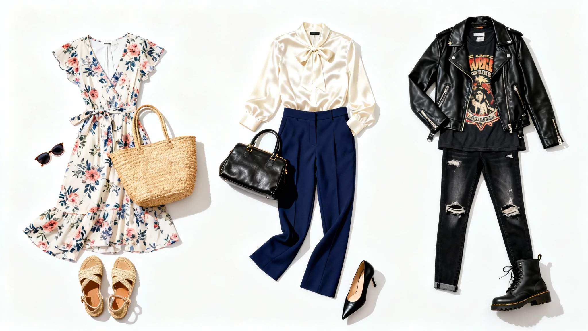 A flat lay photograph from above showing three distinct and complete women's outfits—a summer dress, a professional ensemble, and an edgy weekend look—neatly arranged on a white background, demonstrating variety from an outfit generator.