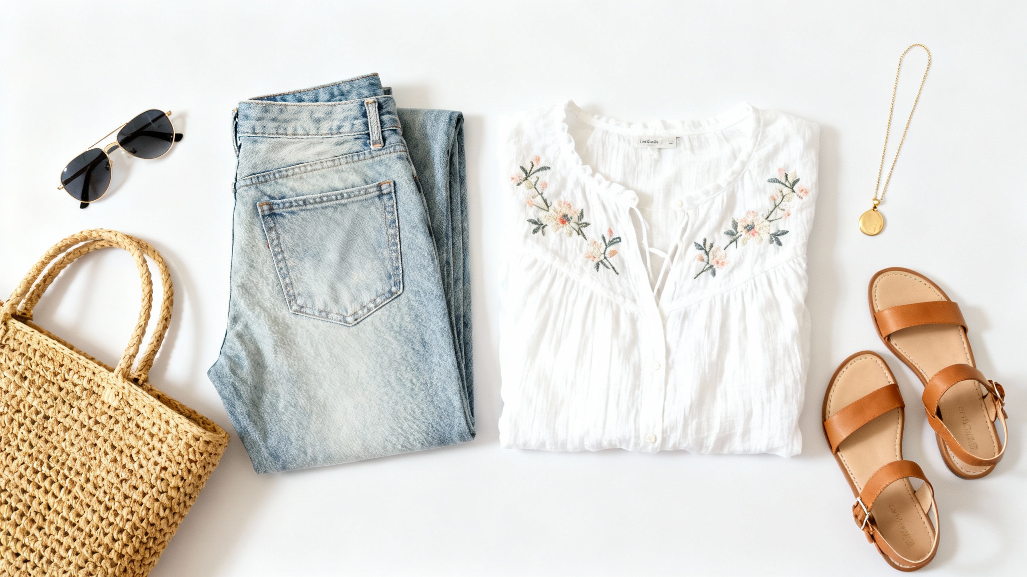 A flat lay image of a stylish women's outfit, including jeans, a white blouse, sandals, a tote bag, and sunglasses, all neatly arranged on a white background.