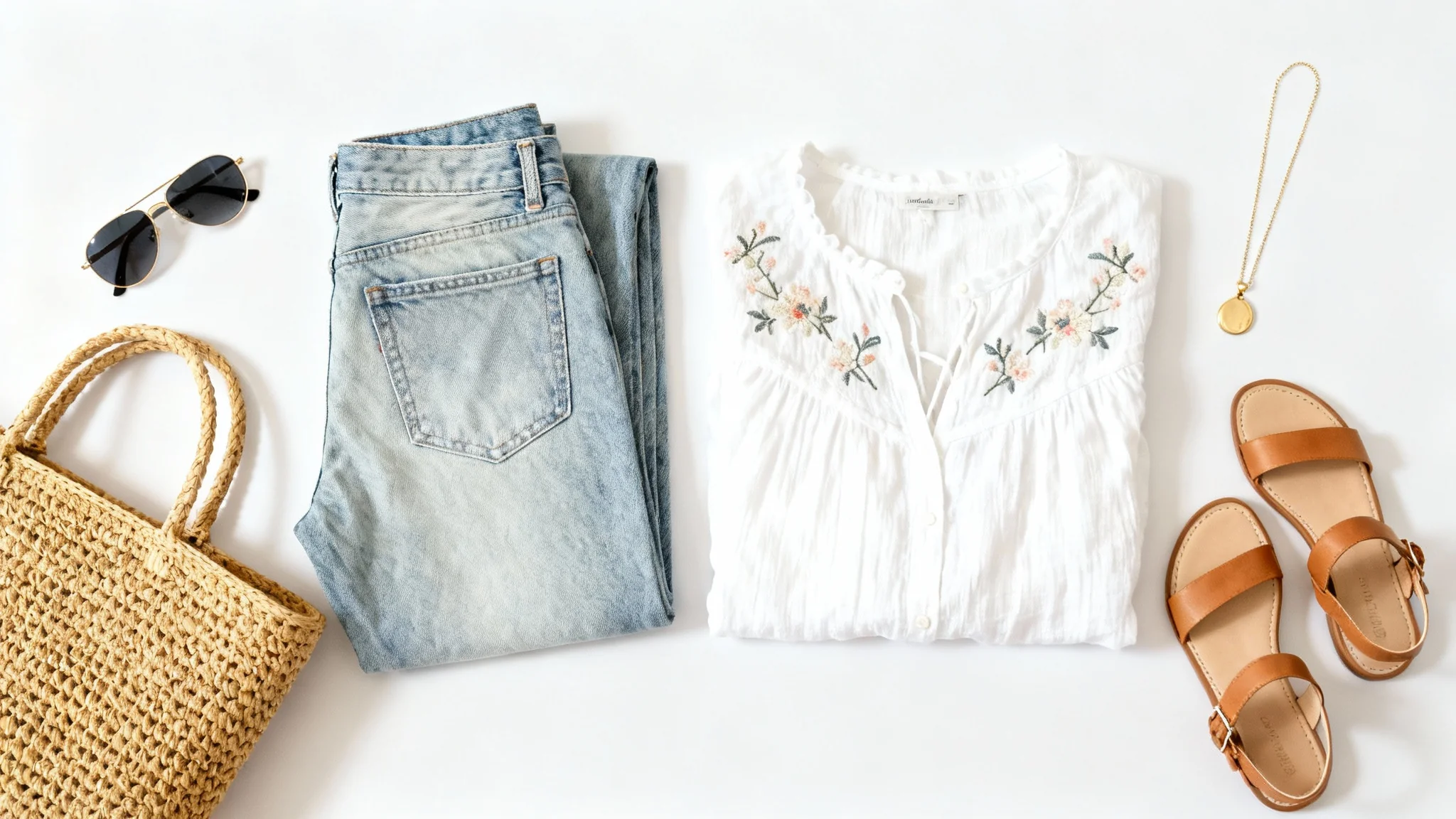 A flat lay image of a stylish women's outfit, including jeans, a white blouse, sandals, a tote bag, and sunglasses, all neatly arranged on a white background.