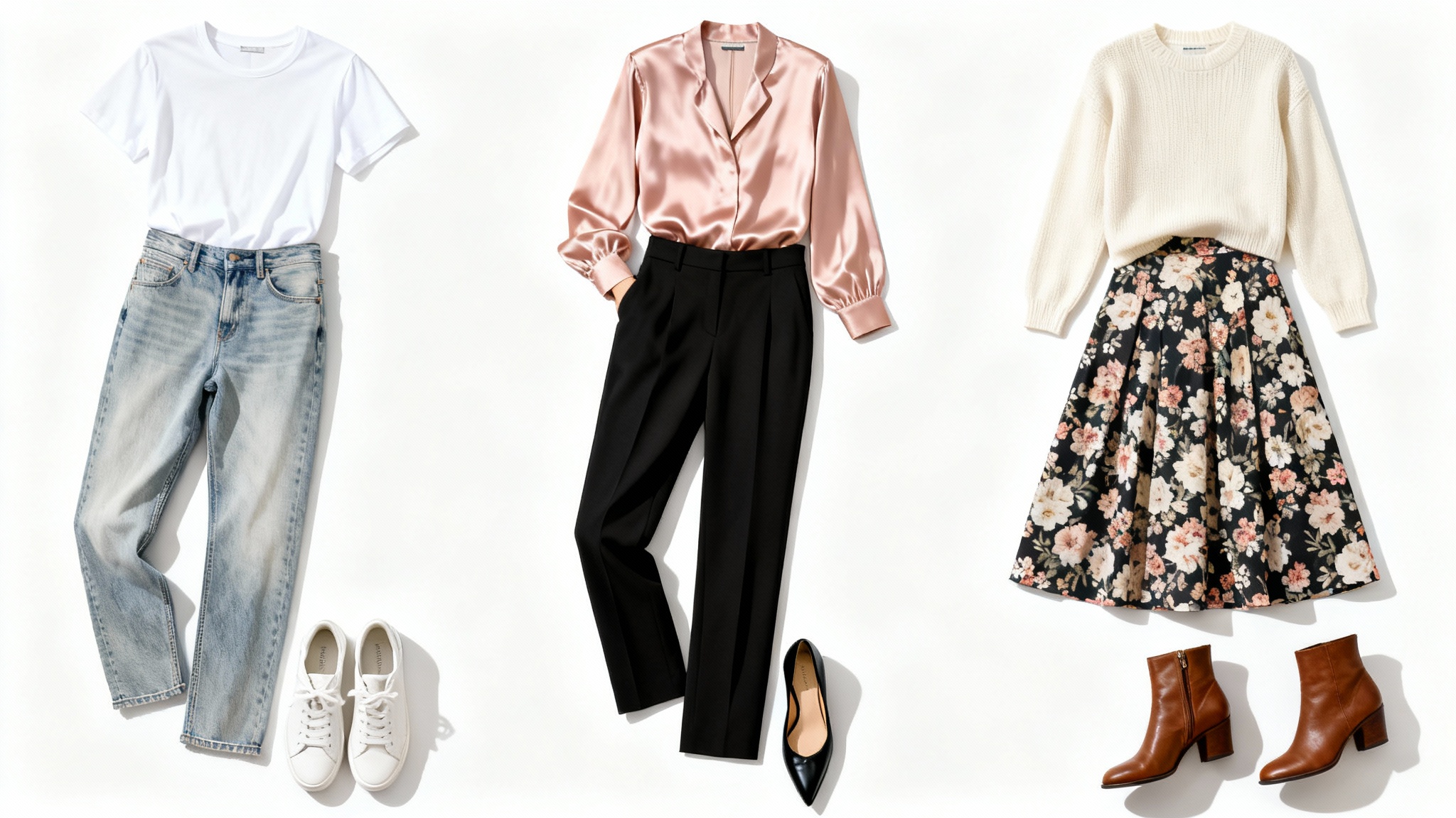 A top-down flat lay of three different complete women's outfits—casual, professional, and weekend wear—arranged neatly on a white background, representing options from an outfit generator.