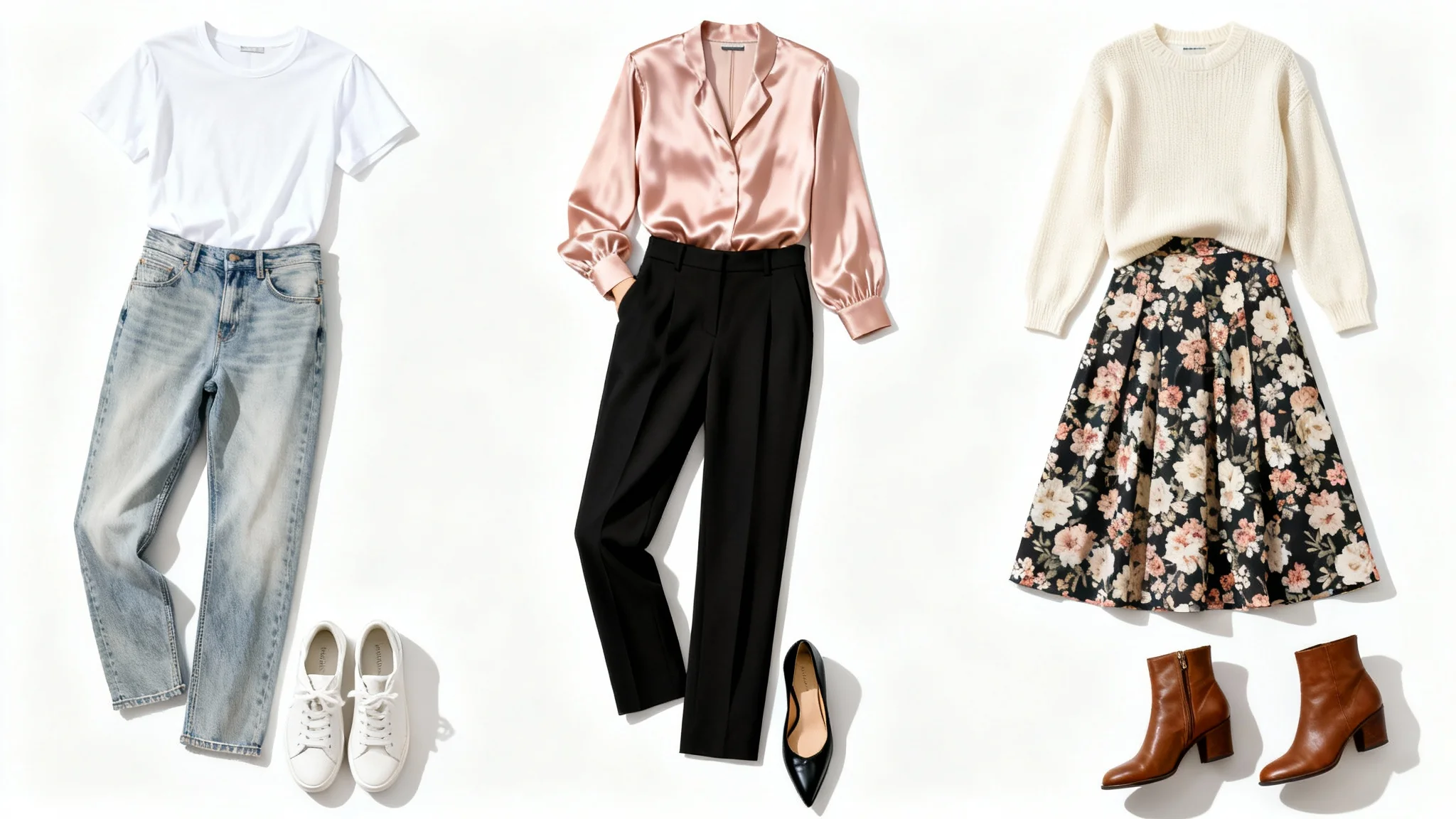 A top-down flat lay of three different complete women's outfits—casual, professional, and weekend wear—arranged neatly on a white background, representing options from an outfit generator.