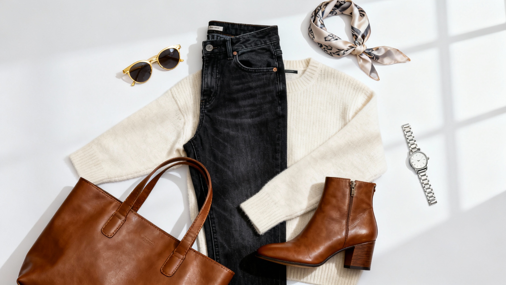 A stylish flat lay of a woman's outfit, including jeans, a cream sweater, leather boots, and accessories, arranged neatly on a white background, representing an AI-generated outfit suggestion.