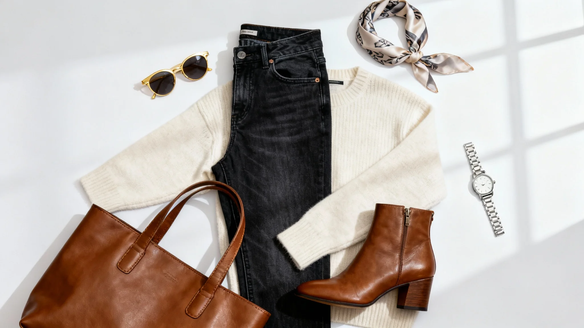 A stylish flat lay of a woman's outfit, including jeans, a cream sweater, leather boots, and accessories, arranged neatly on a white background, representing an AI-generated outfit suggestion.
