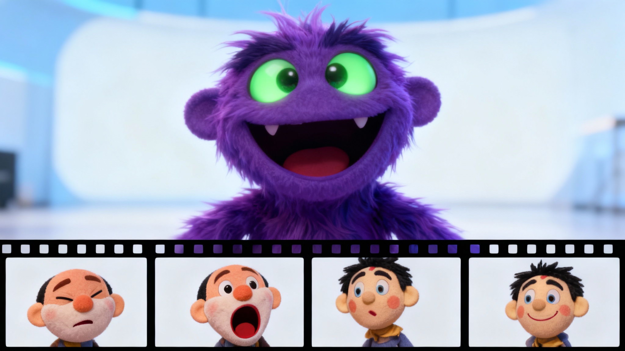 A hero image demonstrating face puppet animation. A charismatic purple monster puppet is shown on a screen, with a filmstrip below displaying different animated expressions: winking, surprise, and smiling.