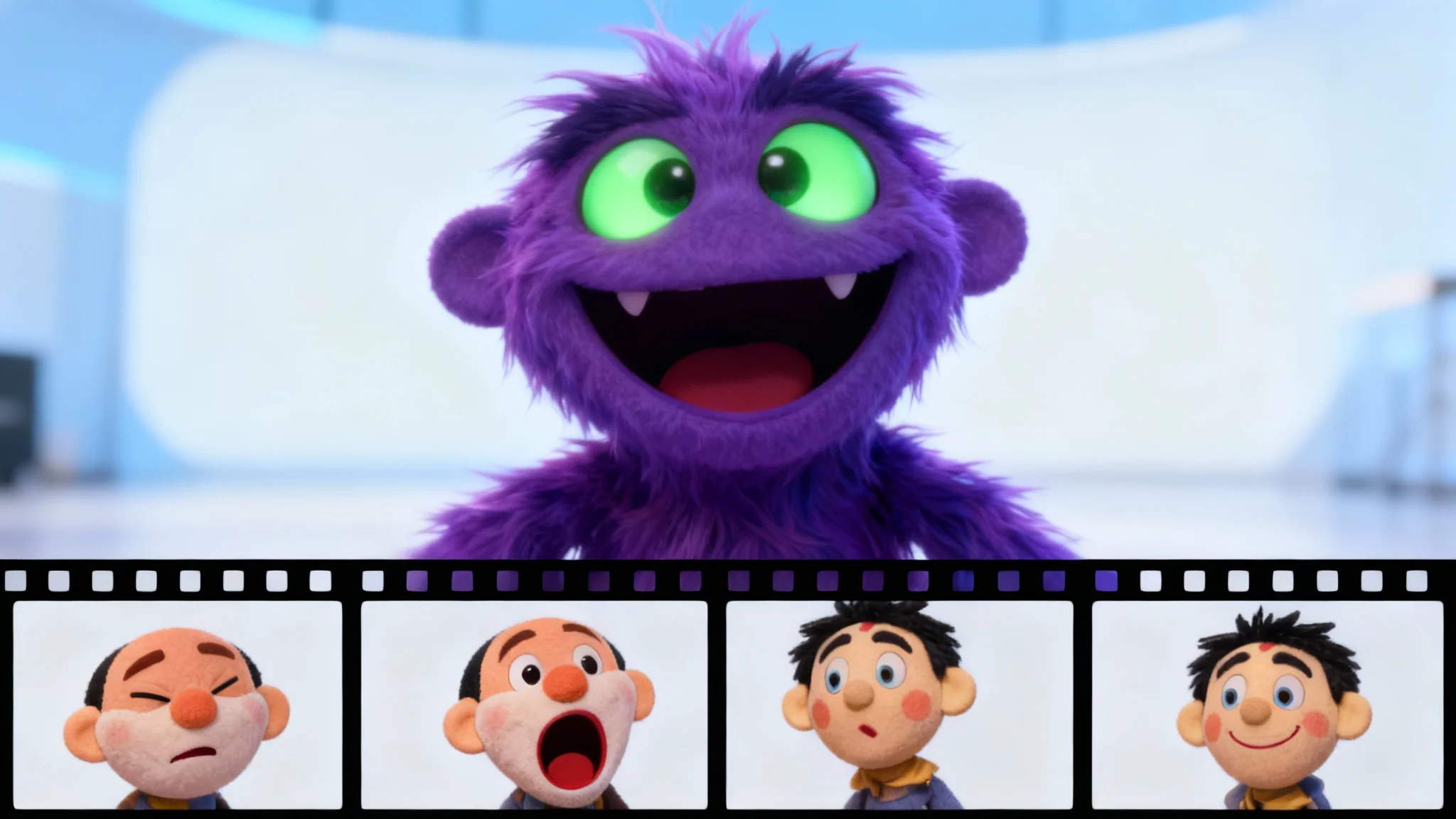 A hero image demonstrating face puppet animation. A charismatic purple monster puppet is shown on a screen, with a filmstrip below displaying different animated expressions: winking, surprise, and smiling.