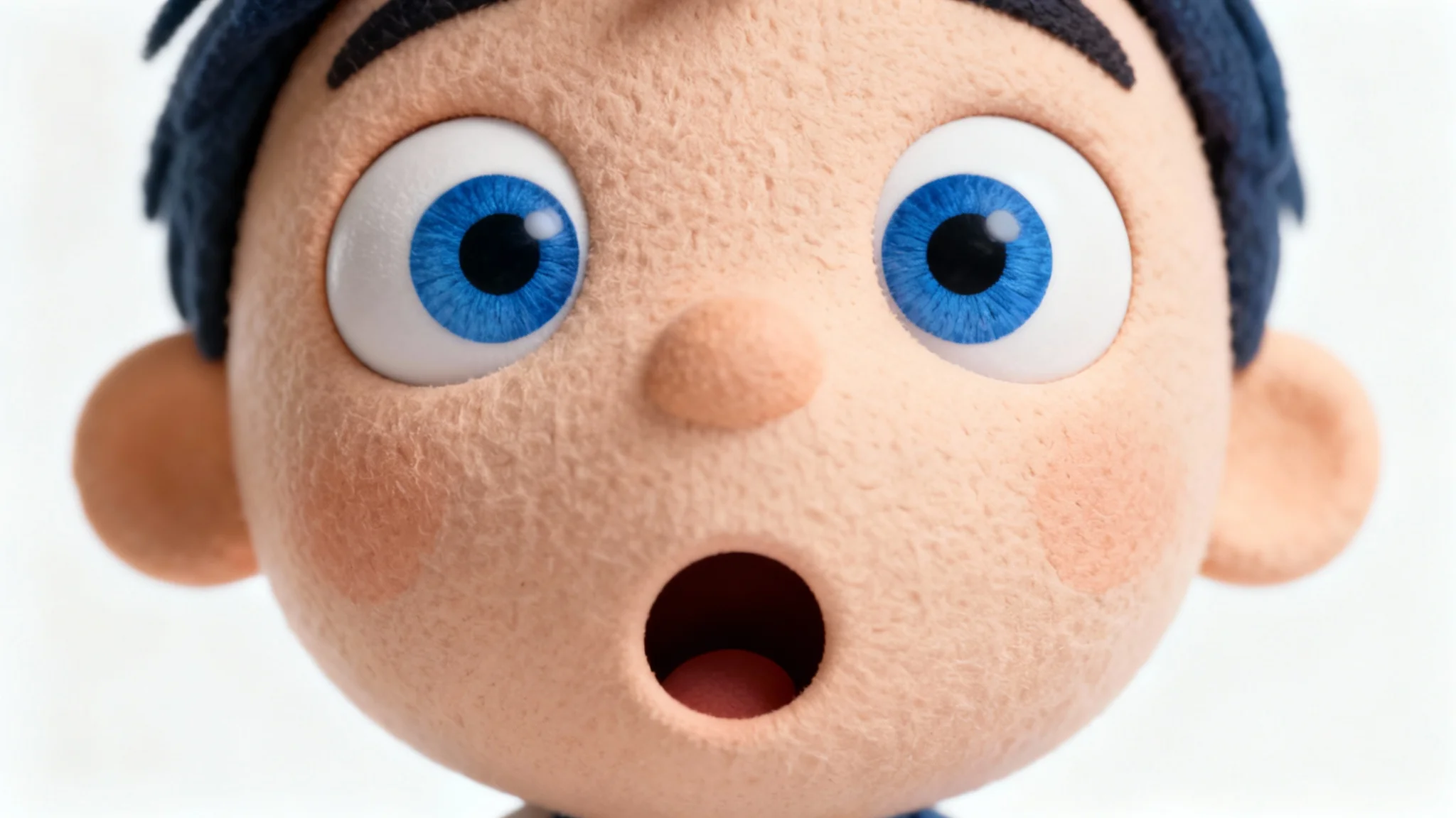 A 3D animated puppet character's face shown in a surprised gasp, with big blue eyes and an open mouth, set against a plain white background.