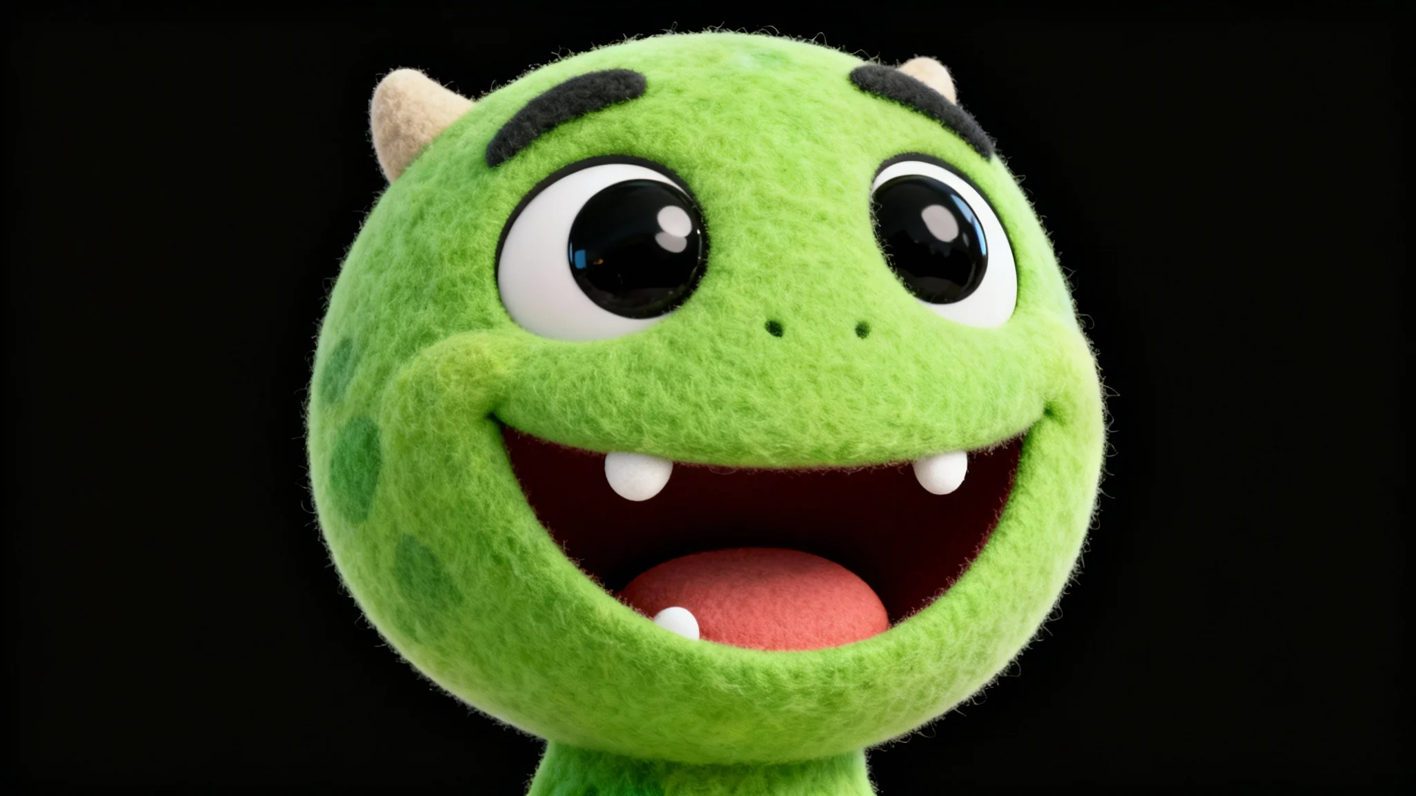 A 3D render of a friendly green monster's head with large, expressive eyes and a wide smile, representing a face puppet animation character on a white background.