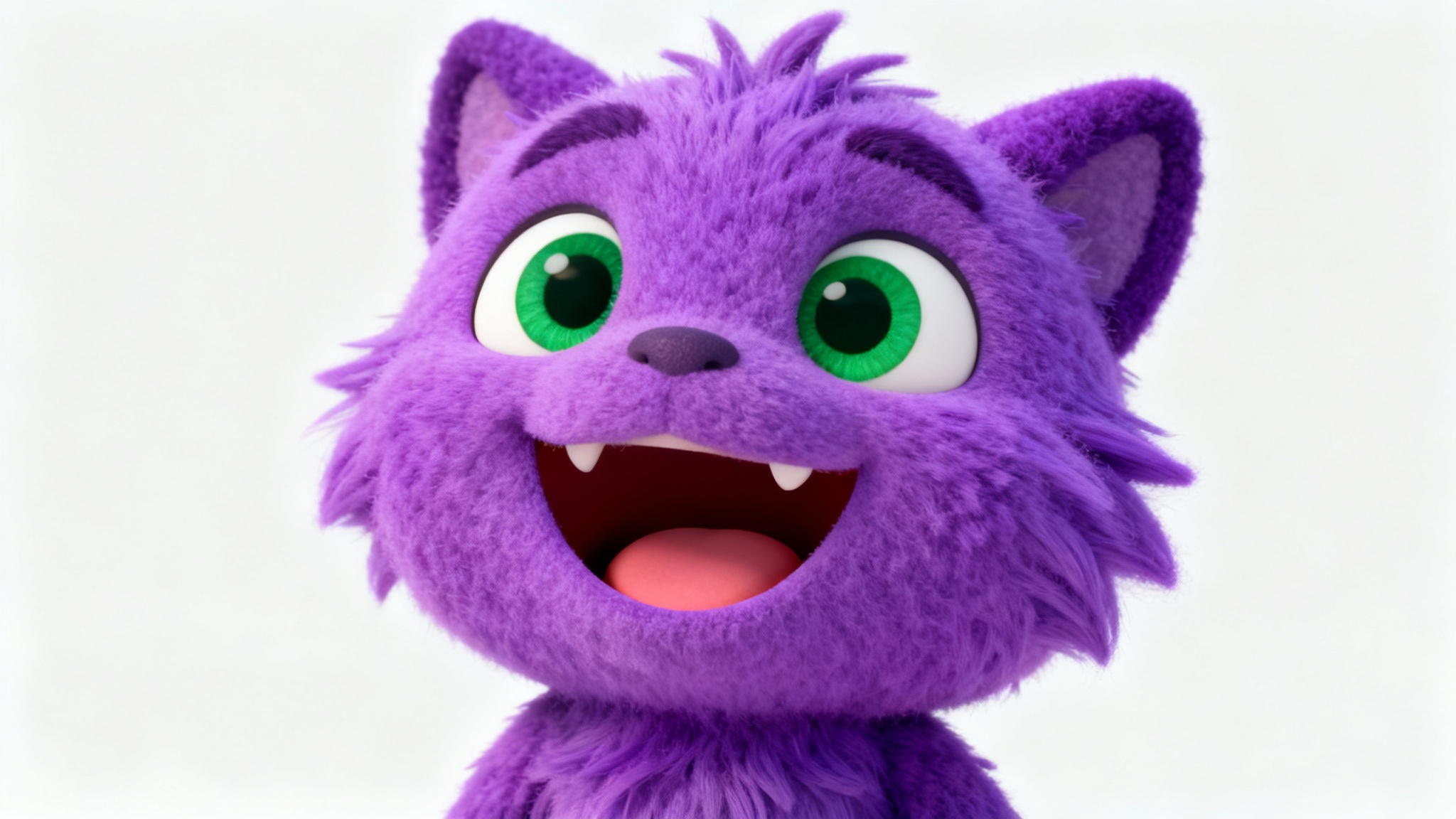 A close-up of a whimsical purple puppet with green eyes, captured mid-laugh to demonstrate face puppet animation, set against a plain white background.